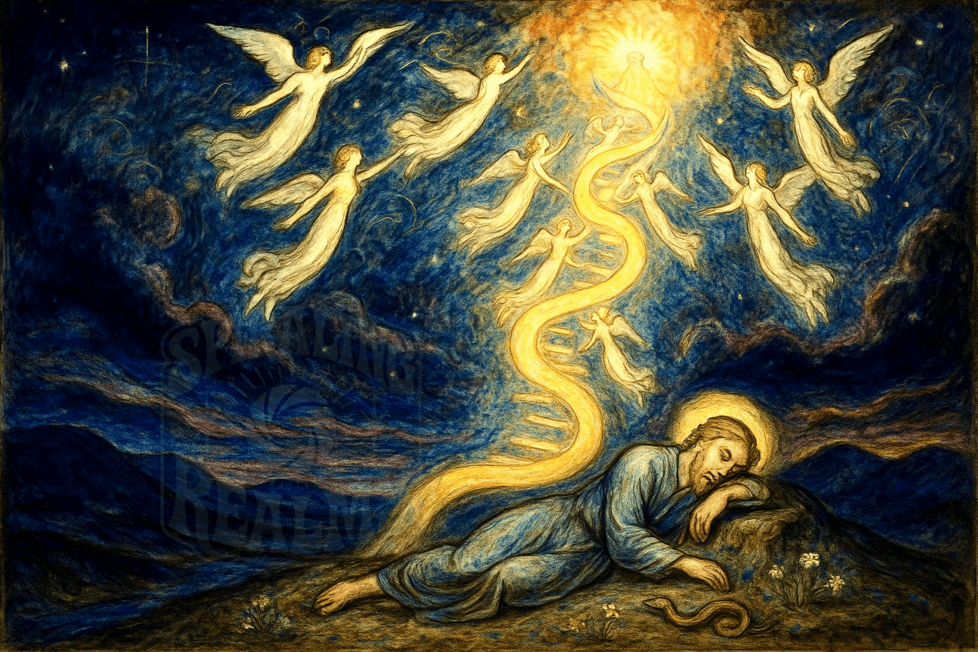 The Dream of the Golden Ladder – Visionary Bible Art Print (Digital Download)